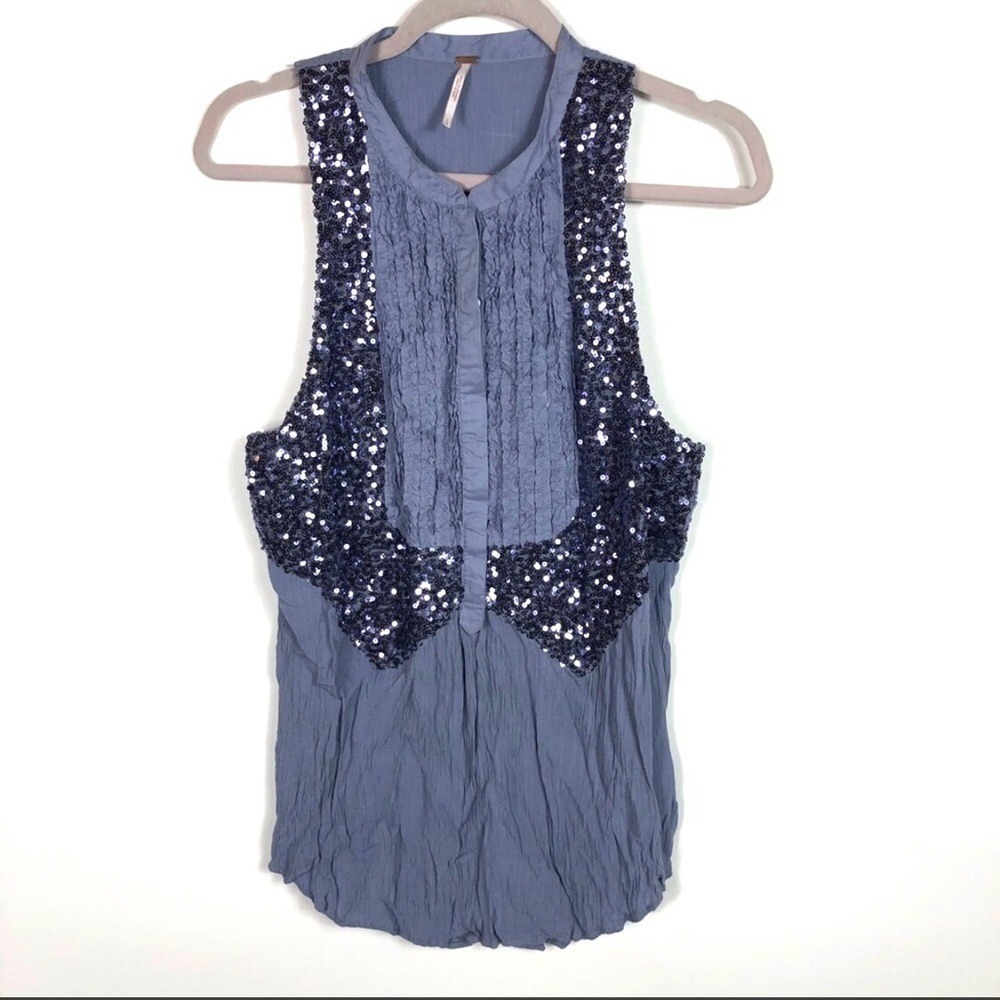Free People Blue Sequin Embellished Ruffled Button Front Sleeveless Top Womens L
